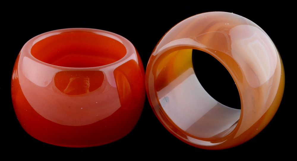 Two Carved Polished Natural Agate and Carnelian Rings with a Carved Jadeite Beaded Rope Cord Key Chain