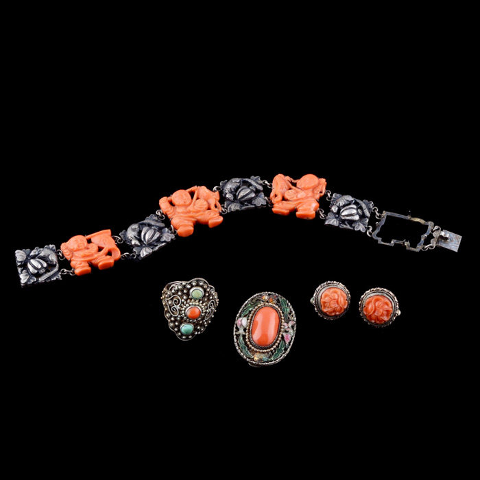 Group of Early 20th Century Chinese Export Carved Coral Jewelry