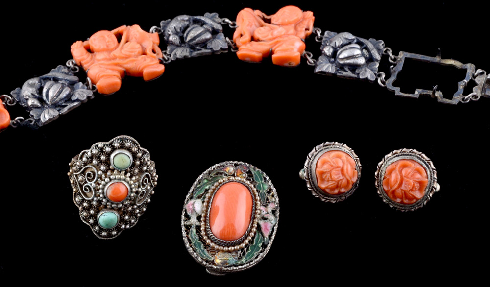 Group of Early 20th Century Chinese Export Carved Coral Jewelry