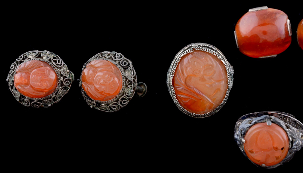 Group of Early 20th Century Chinese Export Silver and Carnelian Jewelry