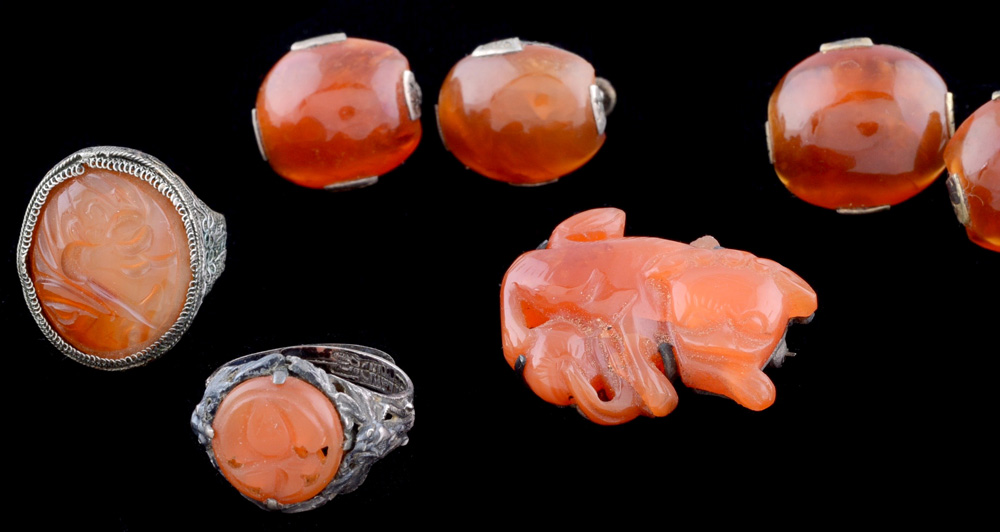 Group of Early 20th Century Chinese Export Silver and Carnelian Jewelry