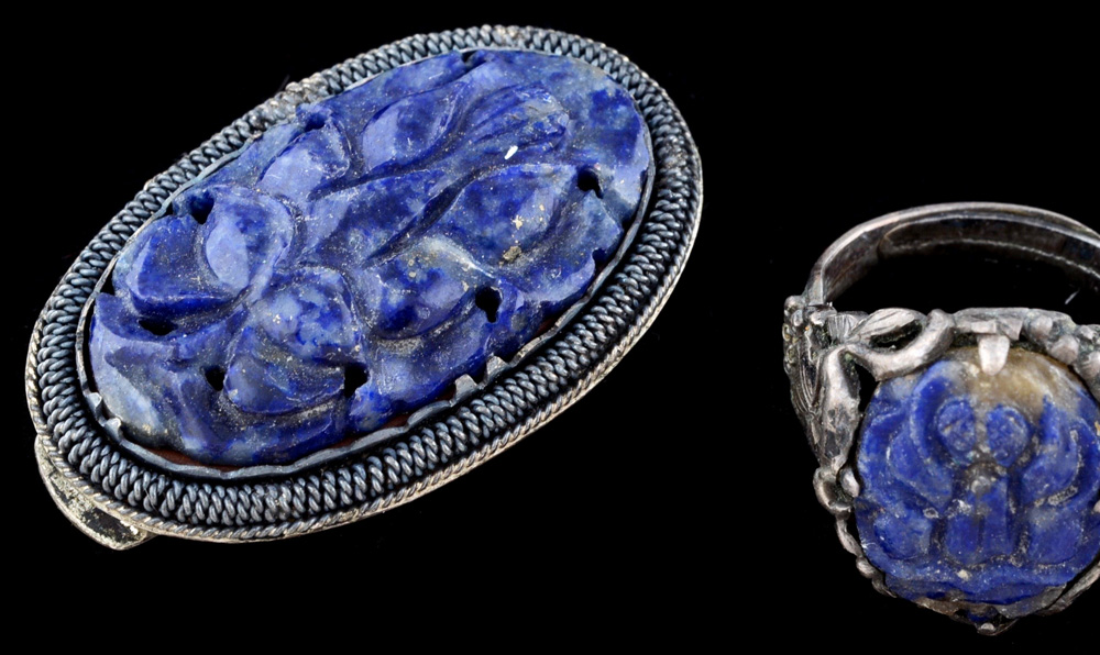 Group of Early 20th Century Chinese Export Carved Lapis Lazuli and Carved Sodalite Silver Filigree Jewelry