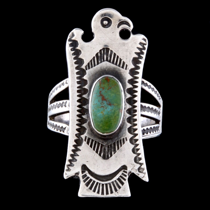 Vintage Southwestern Native American Sterling Silver and Green Turquoise Eagle Ring