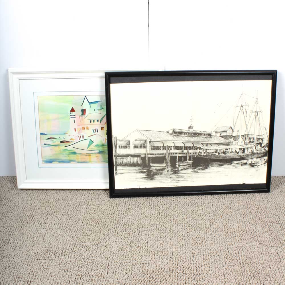Nautical Themed Signed Watercolor with Lithograph