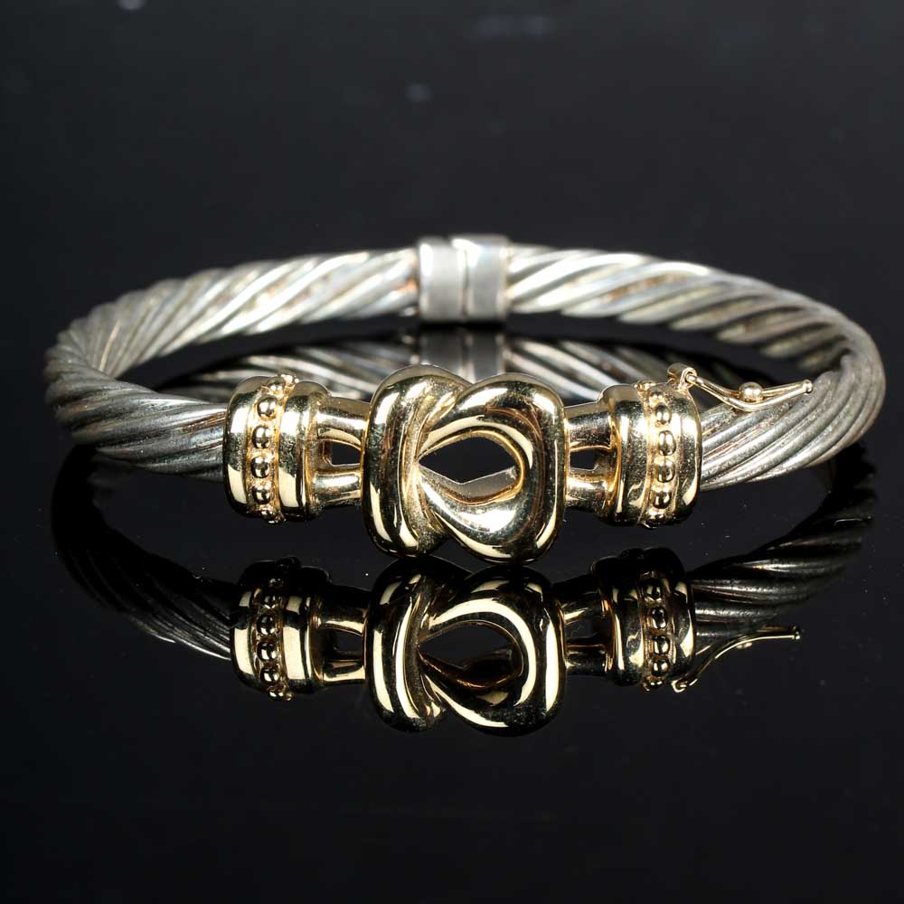 Sterling Silver and 14K Yellow Gold Bangle Knot Bracelet
