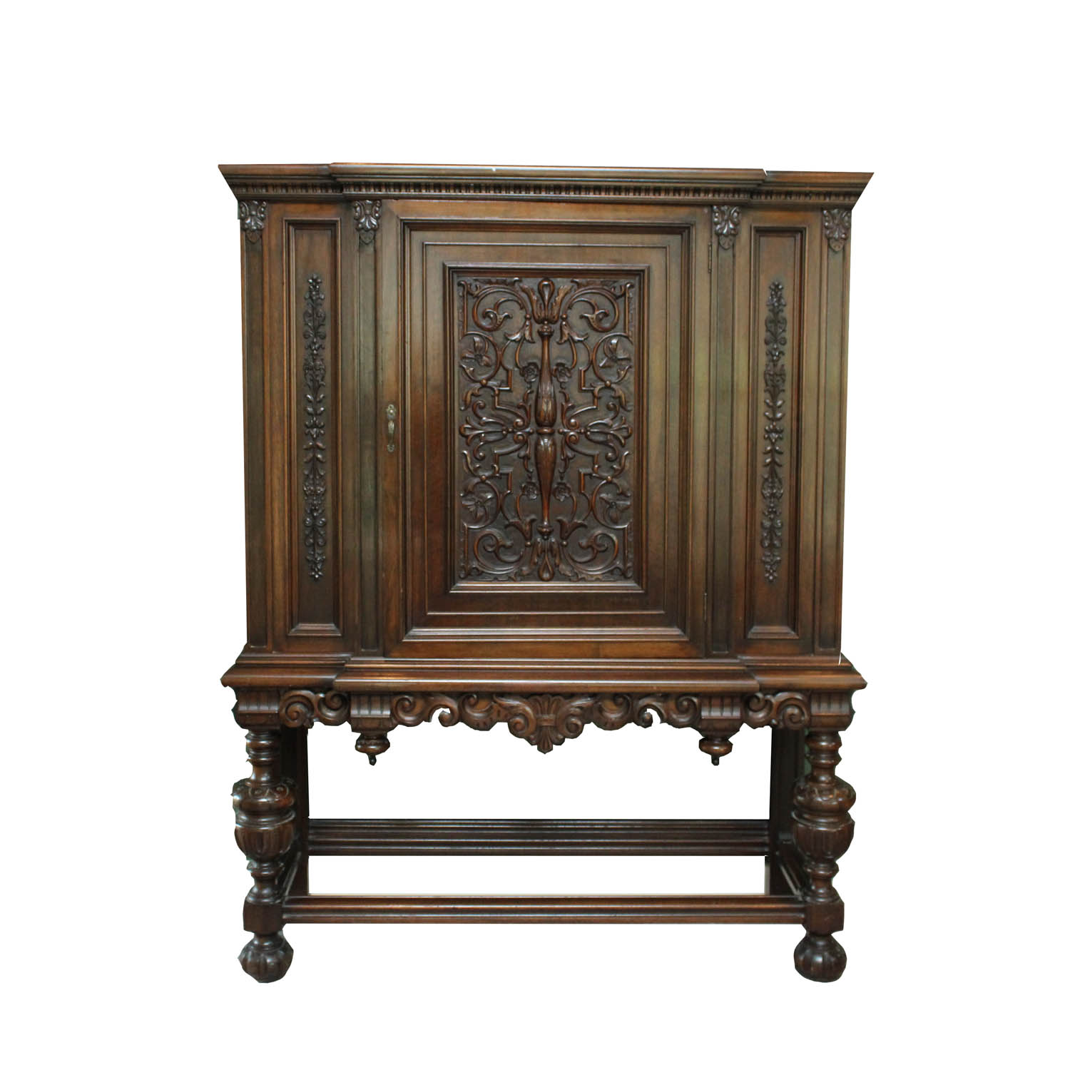 Vintage Renaissance Style Tall Walnut Bar Cabinet