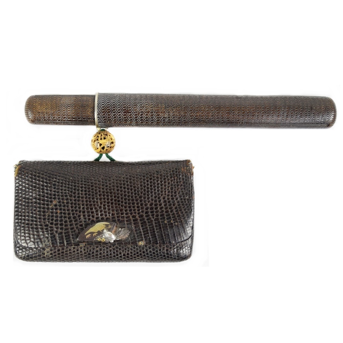 Antique Meiji Period Japanese Kiseru (Smoking Pipe) with Sterling Tips and Lizard Tobacco Pouch