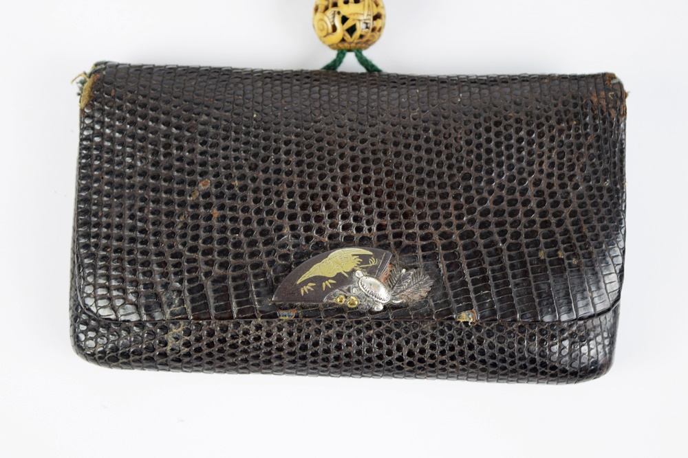 Antique Meiji Period Japanese Kiseru (Smoking Pipe) with Sterling Tips and Lizard Tobacco Pouch