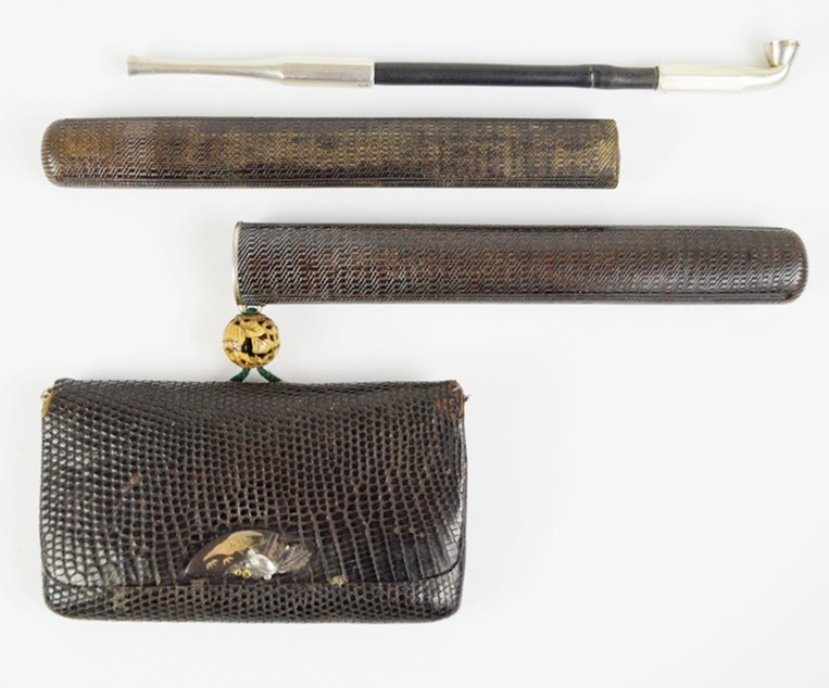 Antique Meiji Period Japanese Kiseru (Smoking Pipe) with Sterling Tips and Lizard Tobacco Pouch