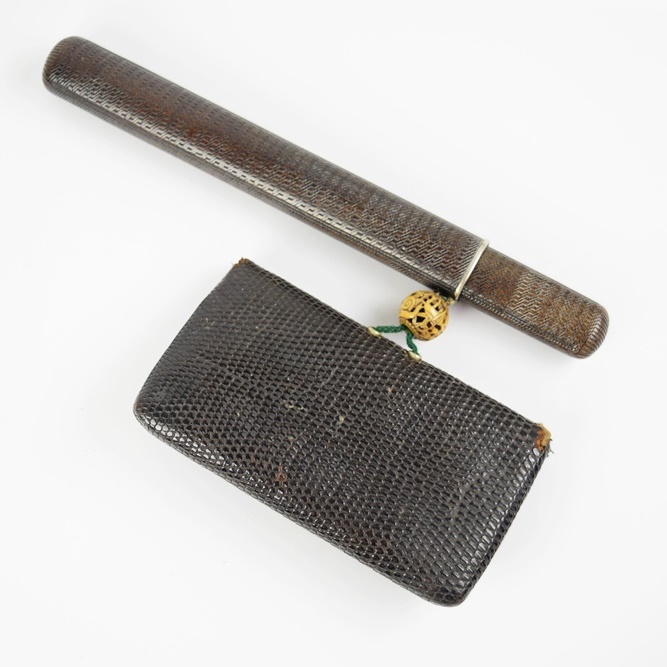 Antique Meiji Period Japanese Kiseru (Smoking Pipe) with Sterling Tips and Lizard Tobacco Pouch