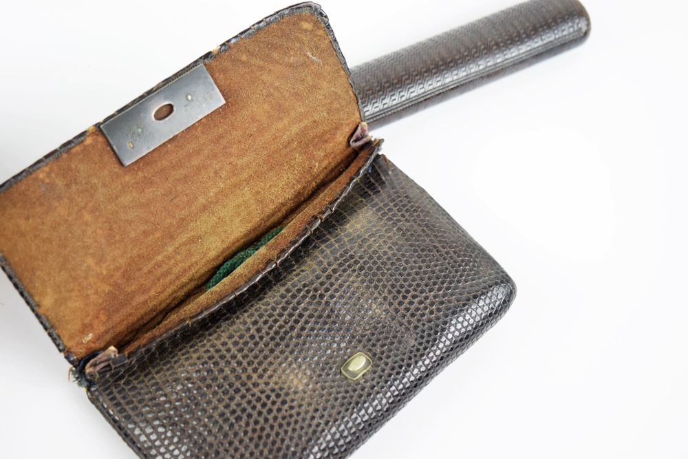 Antique Meiji Period Japanese Kiseru (Smoking Pipe) with Sterling Tips and Lizard Tobacco Pouch