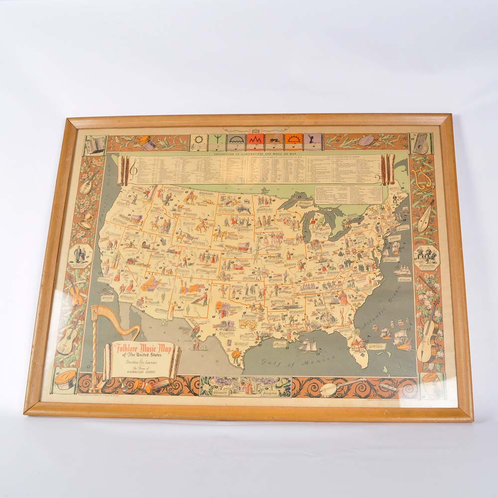 Dorothea Dix Lawrence "Folklore Music Map of the United States" Offset Lithograph