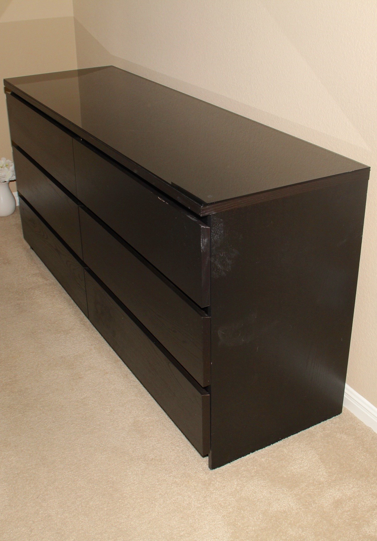 Walnut Finished Glass Top Dresser