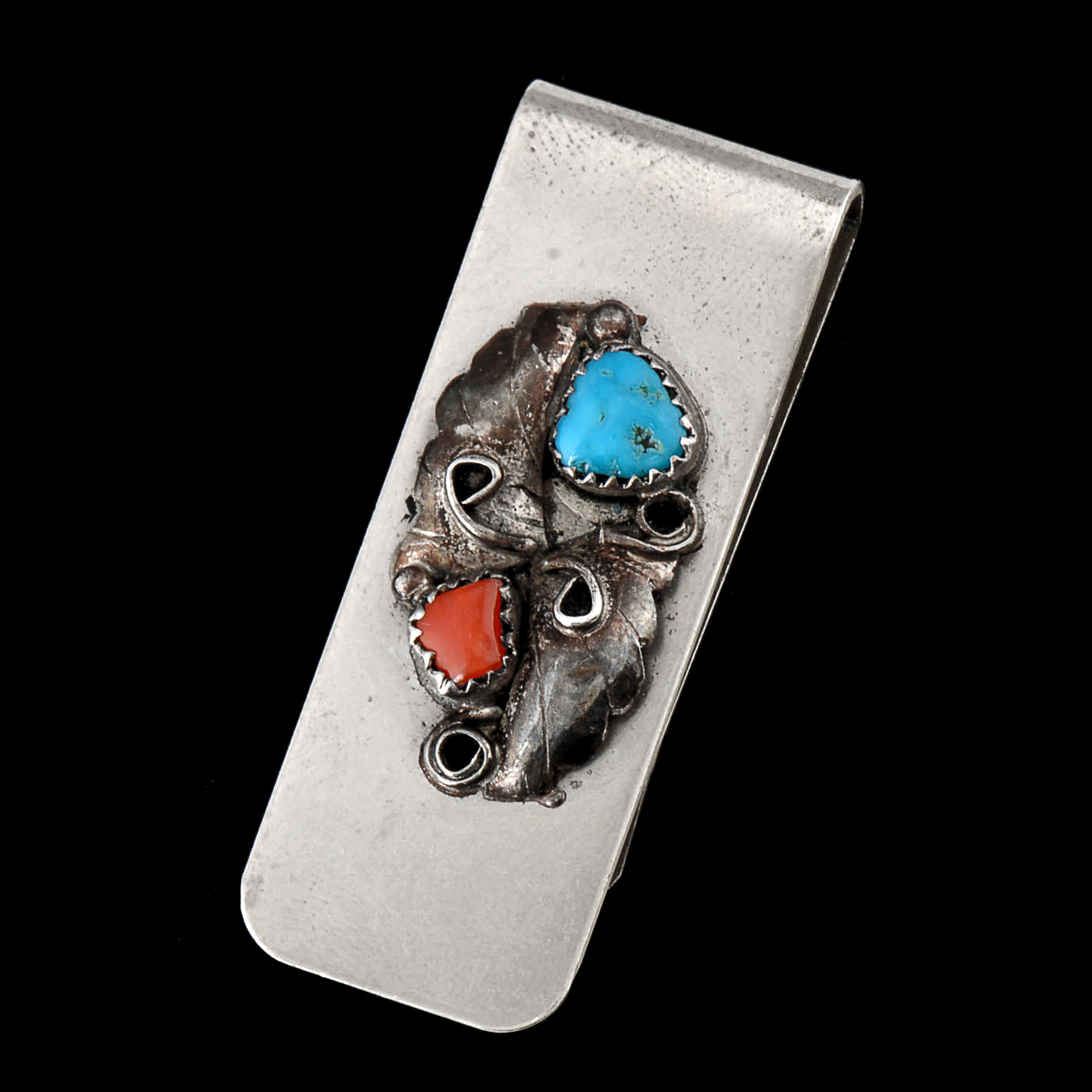 Native American Navajo Turquoise and Red Coral Money Clip