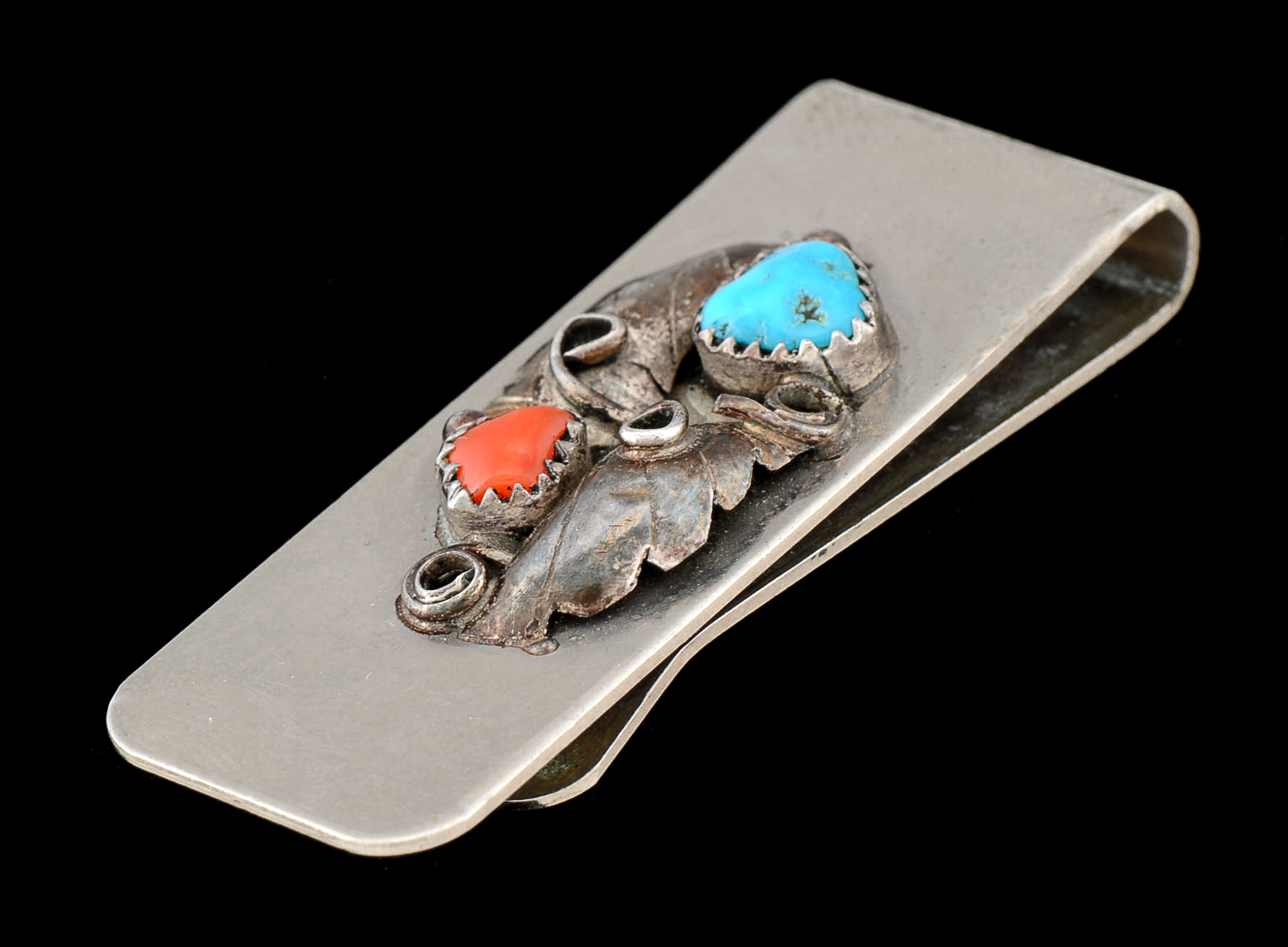 Native American Navajo Turquoise and Red Coral Money Clip