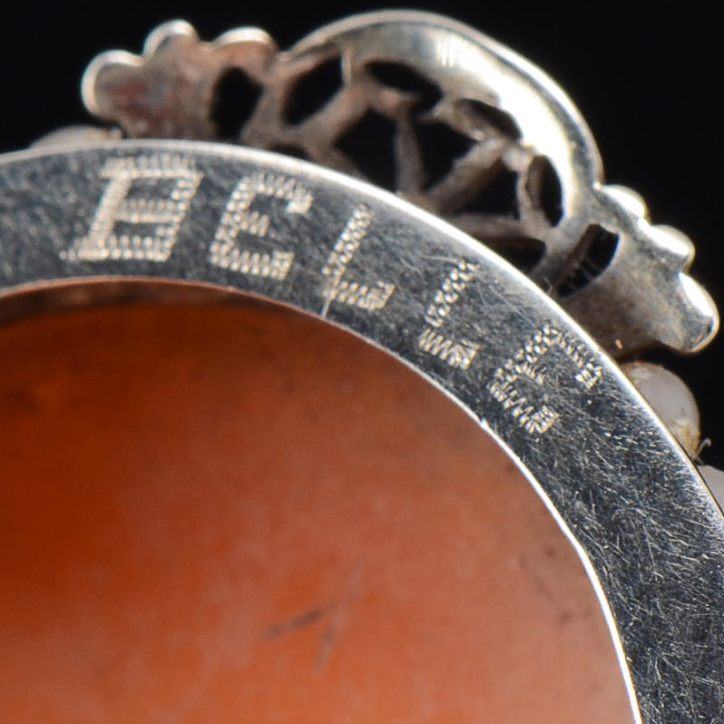 Early 20th Century 14K White Gold and Hand Carved Shell Cameo and Glass Seed Bead Openwork Pin