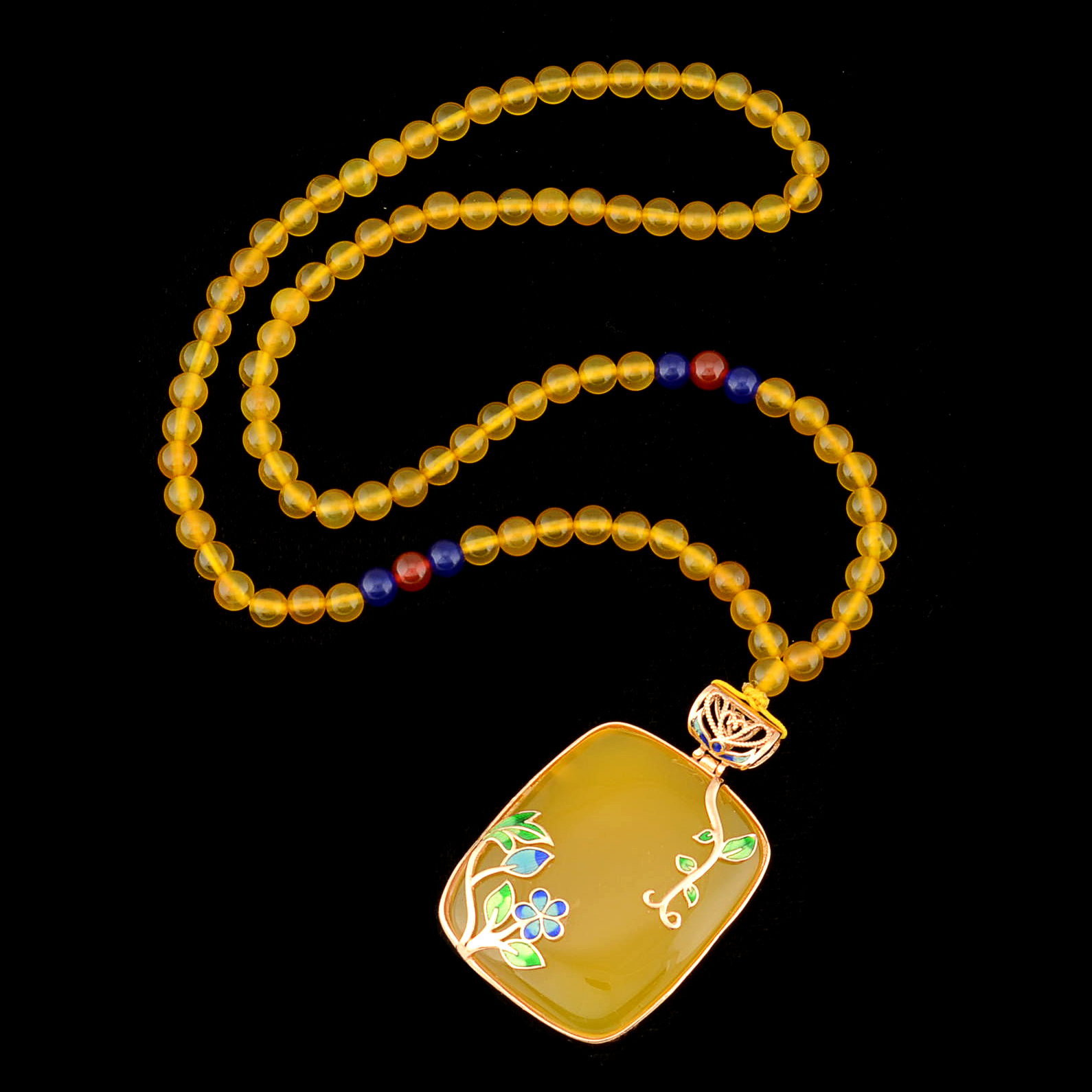 Chinese Dyed Yellow Chalcedony, Quartzite and Carnelian Beaded Necklace with Enameled Chalcedony Pendant