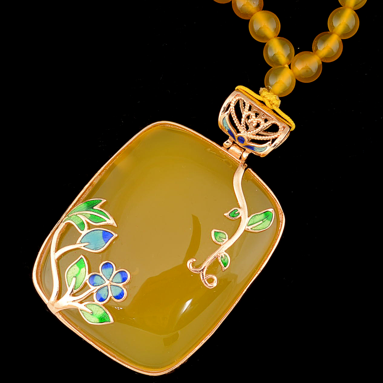 Chinese Dyed Yellow Chalcedony, Quartzite and Carnelian Beaded Necklace with Enameled Chalcedony Pendant