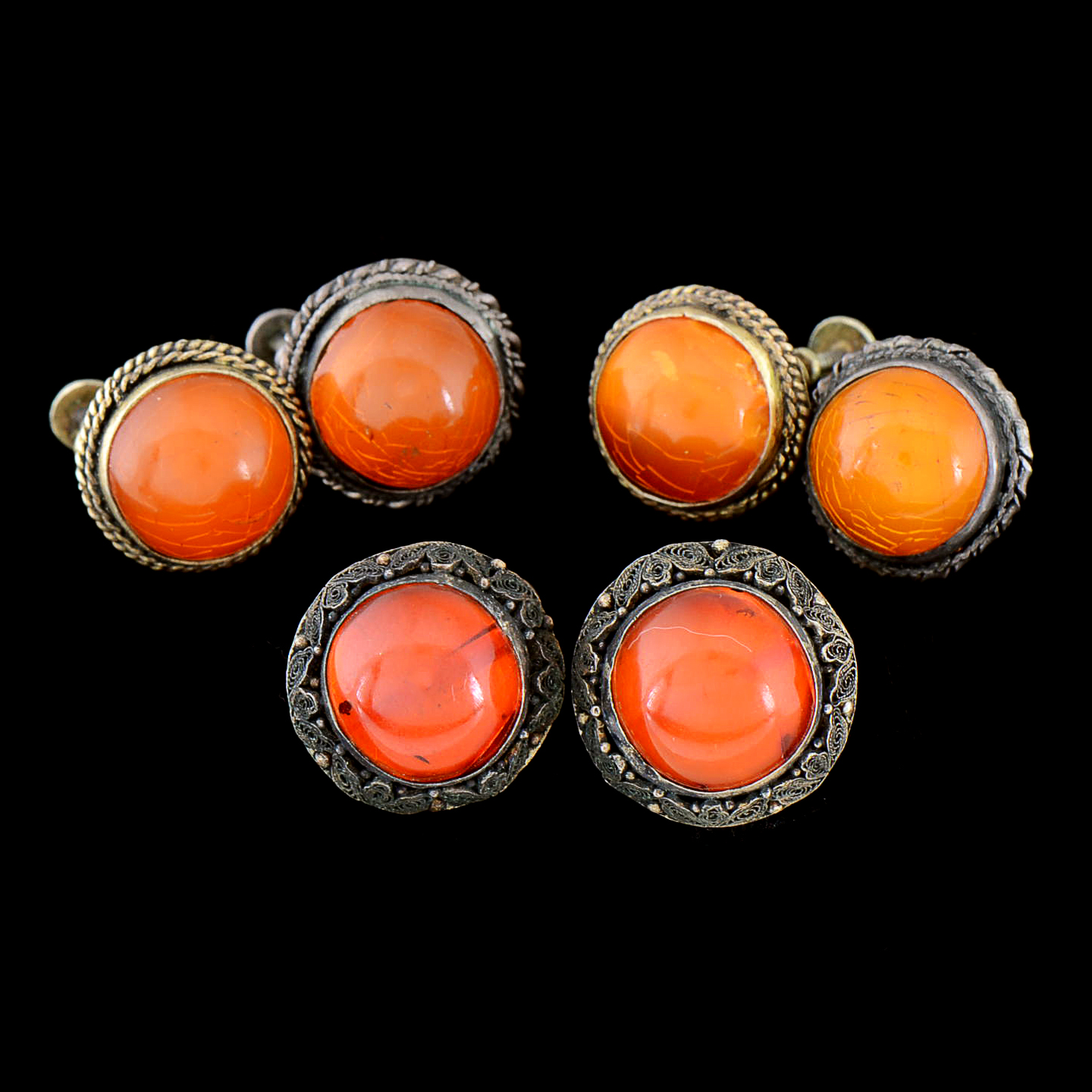 Group of Early 20th Century Chinese Export Amber and Silver Screw Back Earrings