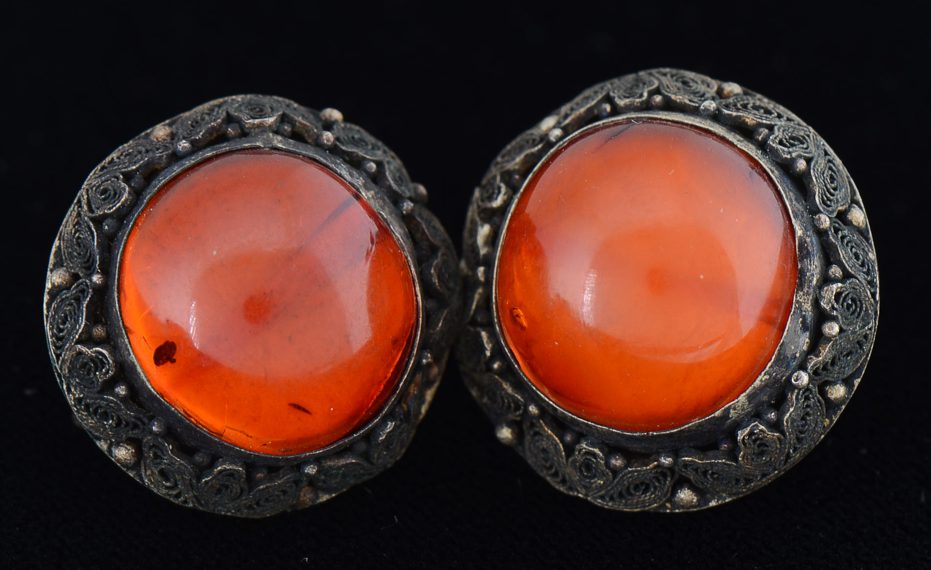 Group of Early 20th Century Chinese Export Amber and Silver Screw Back Earrings