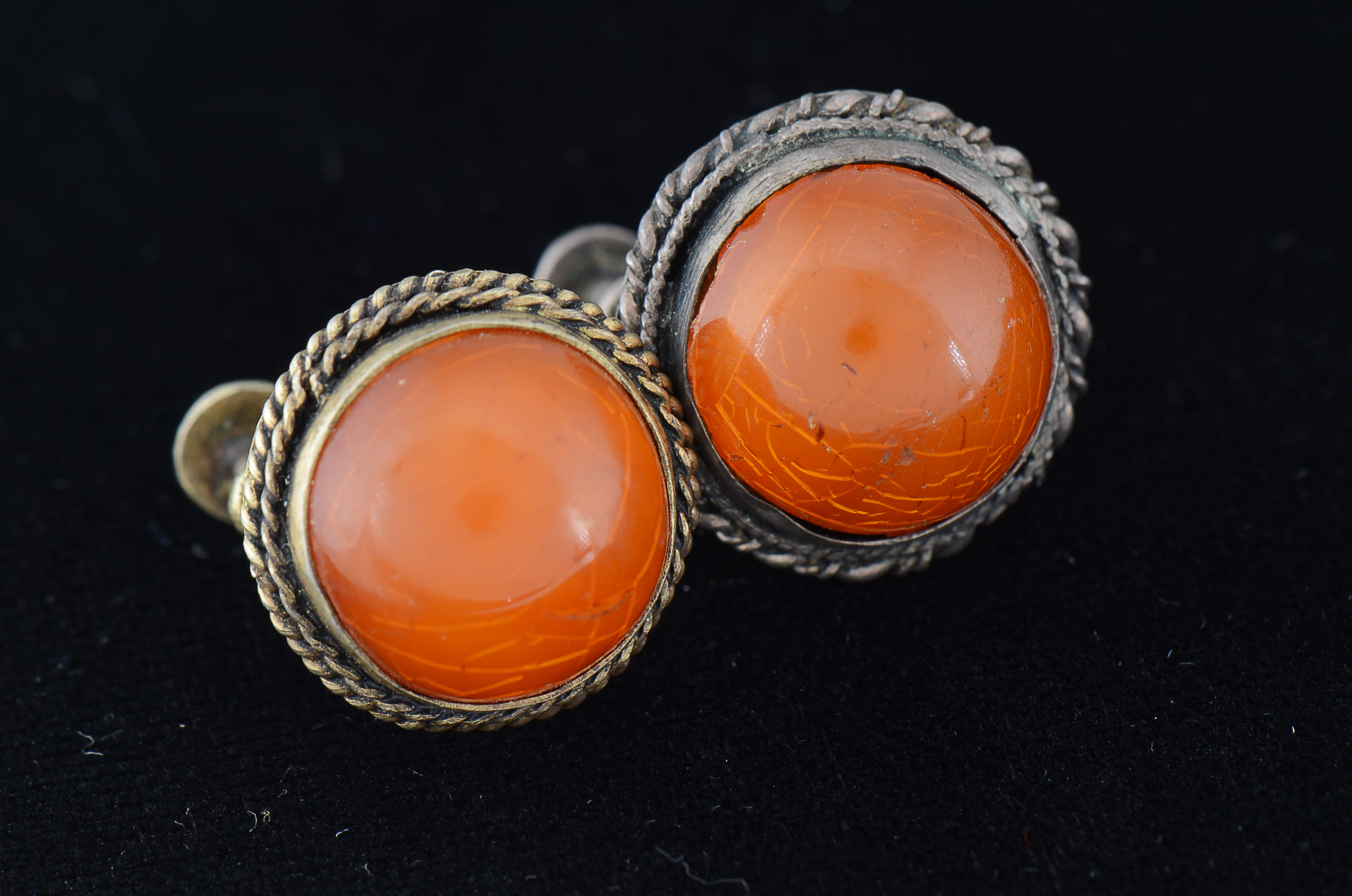 Group of Early 20th Century Chinese Export Amber and Silver Screw Back Earrings