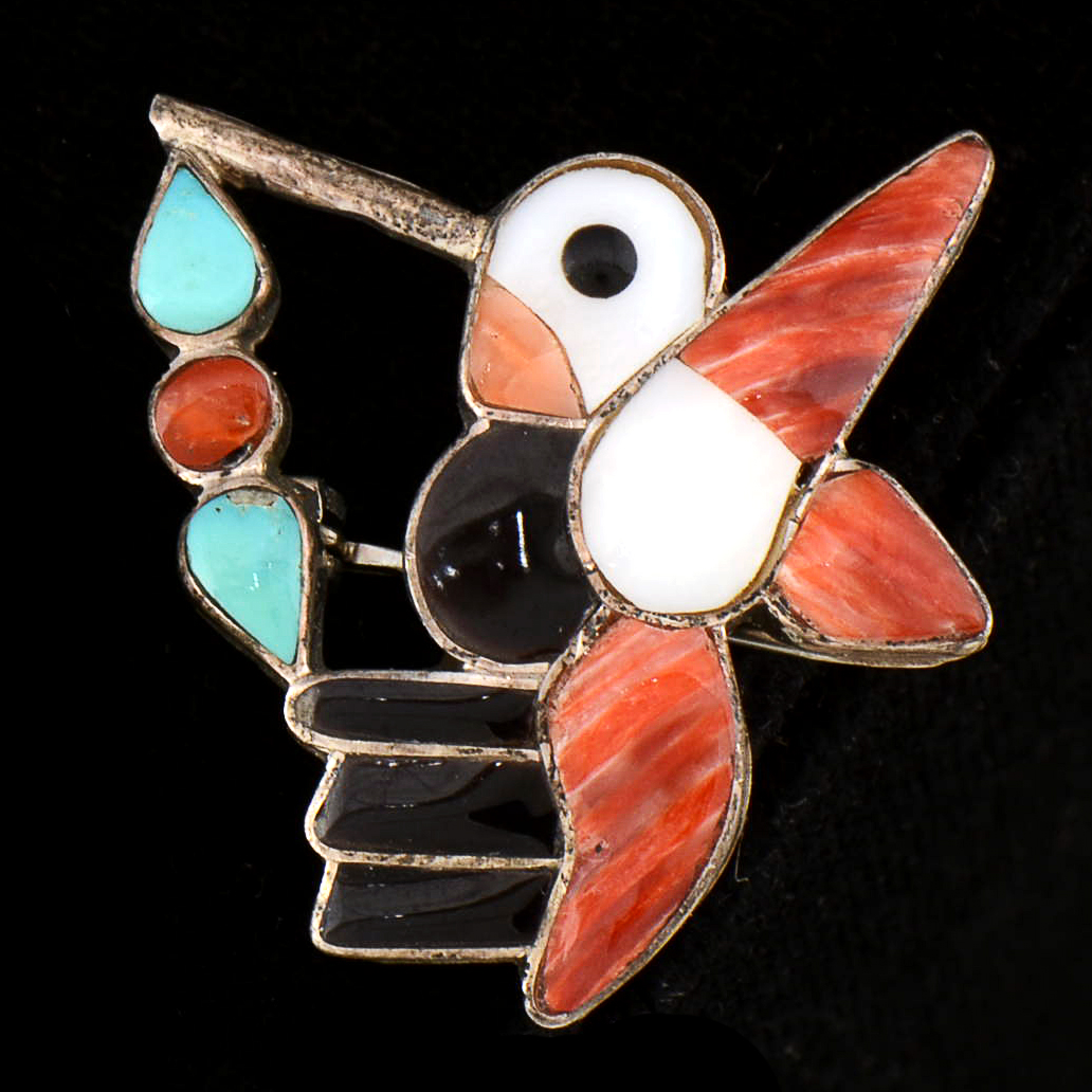 Vintage Zuni Sterling Silver Inlaid Hummingbird Pin/Pendant and Southwestern Native American Inlaid Pin
