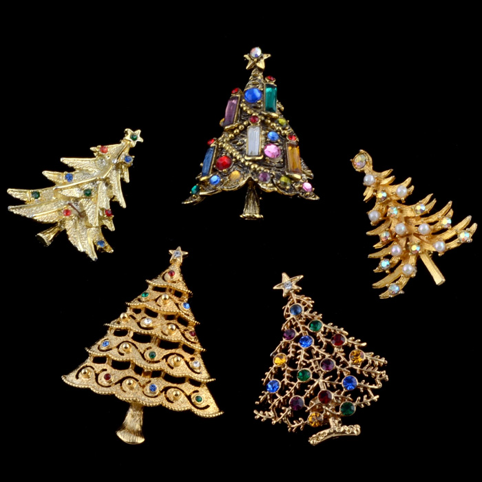Five Signed Christmas Brooches Including Eisenberg Ice