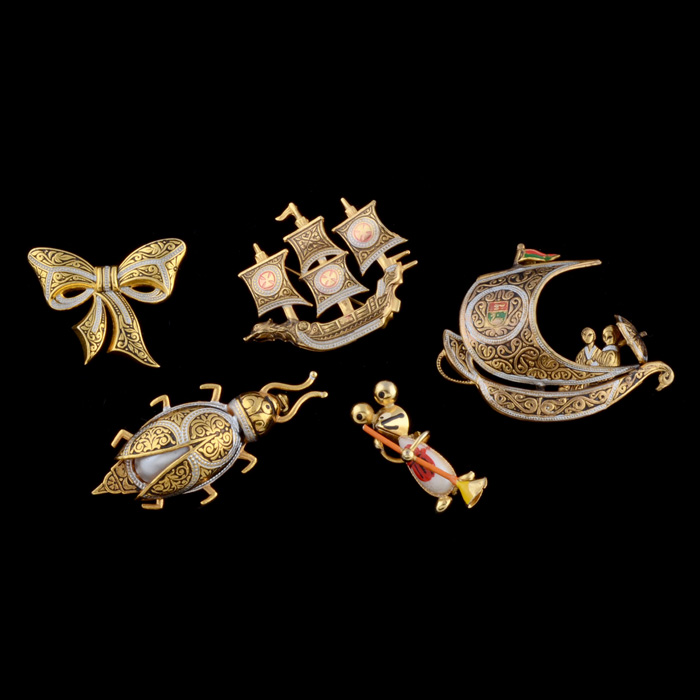 Five Brooches Including Damascene