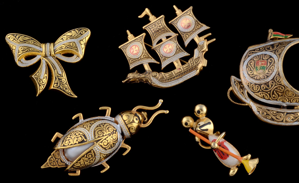 Five Brooches Including Damascene