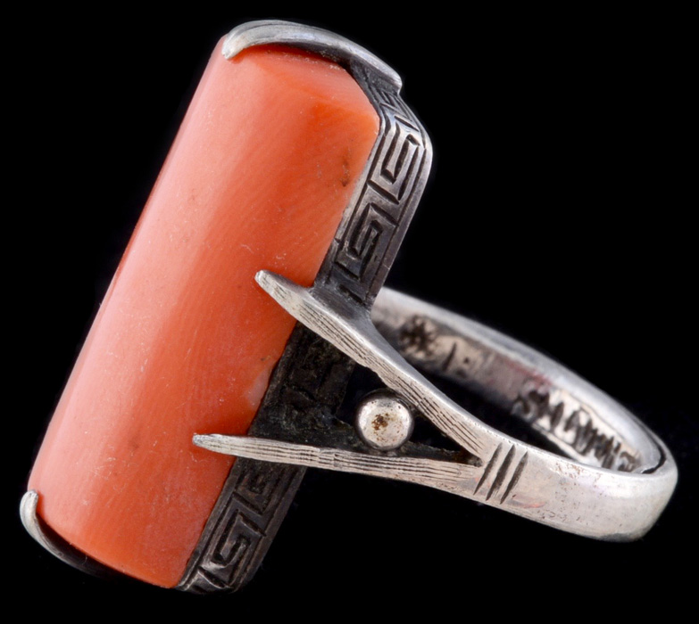 Vintage Chinese Carved Coral and Sterling Silver Openwork Modernist Ring