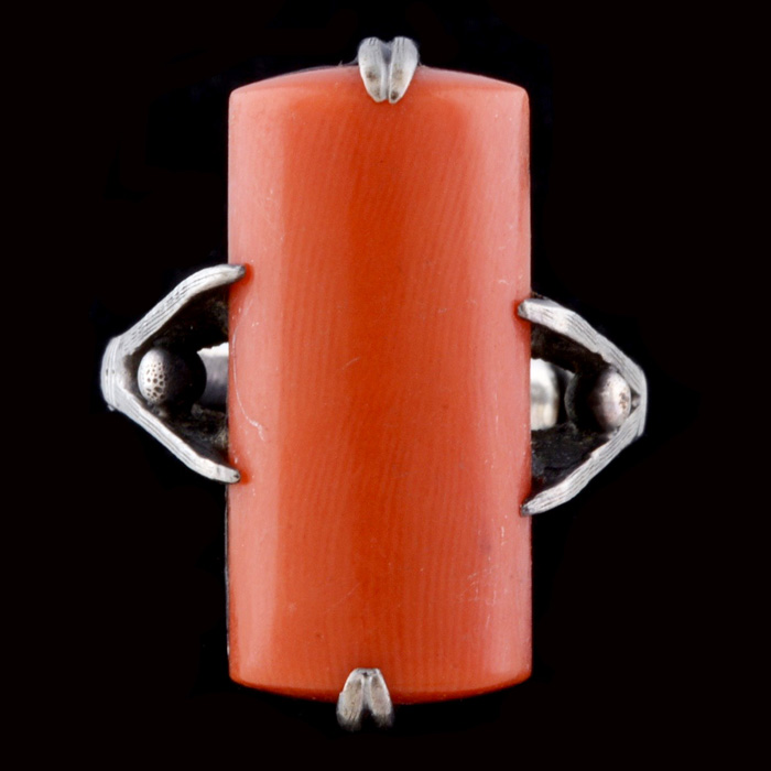 Vintage Chinese Carved Coral and Sterling Silver Openwork Modernist Ring