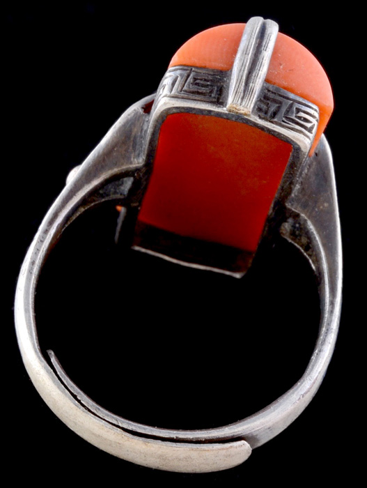Vintage Chinese Carved Coral and Sterling Silver Openwork Modernist Ring