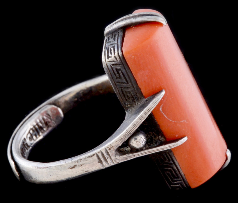 Vintage Chinese Carved Coral and Sterling Silver Openwork Modernist Ring