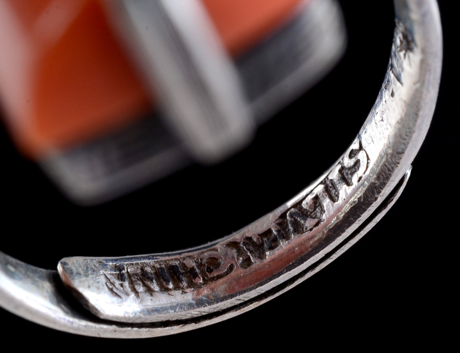 Vintage Chinese Carved Coral and Sterling Silver Openwork Modernist Ring