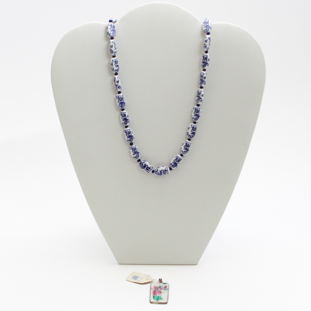 Chinese Painted Porcelain & Sterling Pendant, Bead Necklace