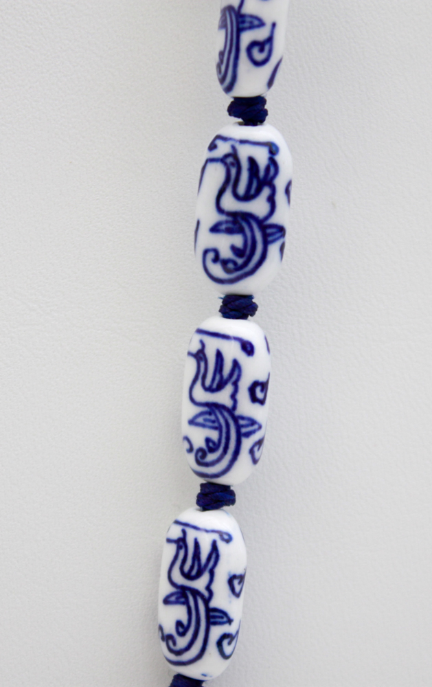 Chinese Painted Porcelain & Sterling Pendant, Bead Necklace
