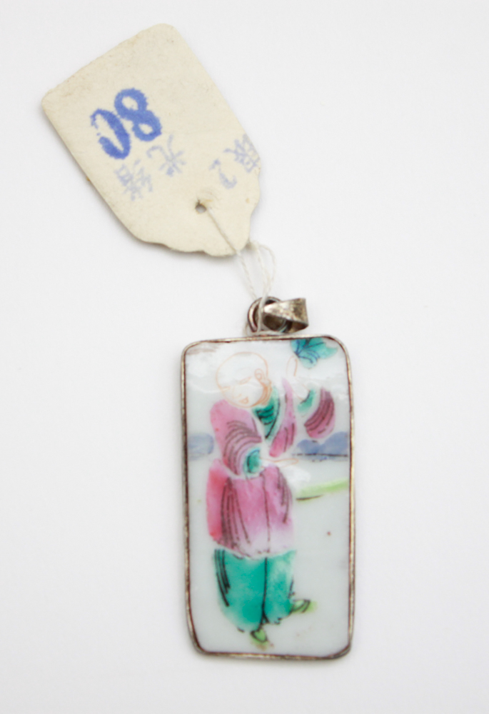 Chinese Painted Porcelain & Sterling Pendant, Bead Necklace