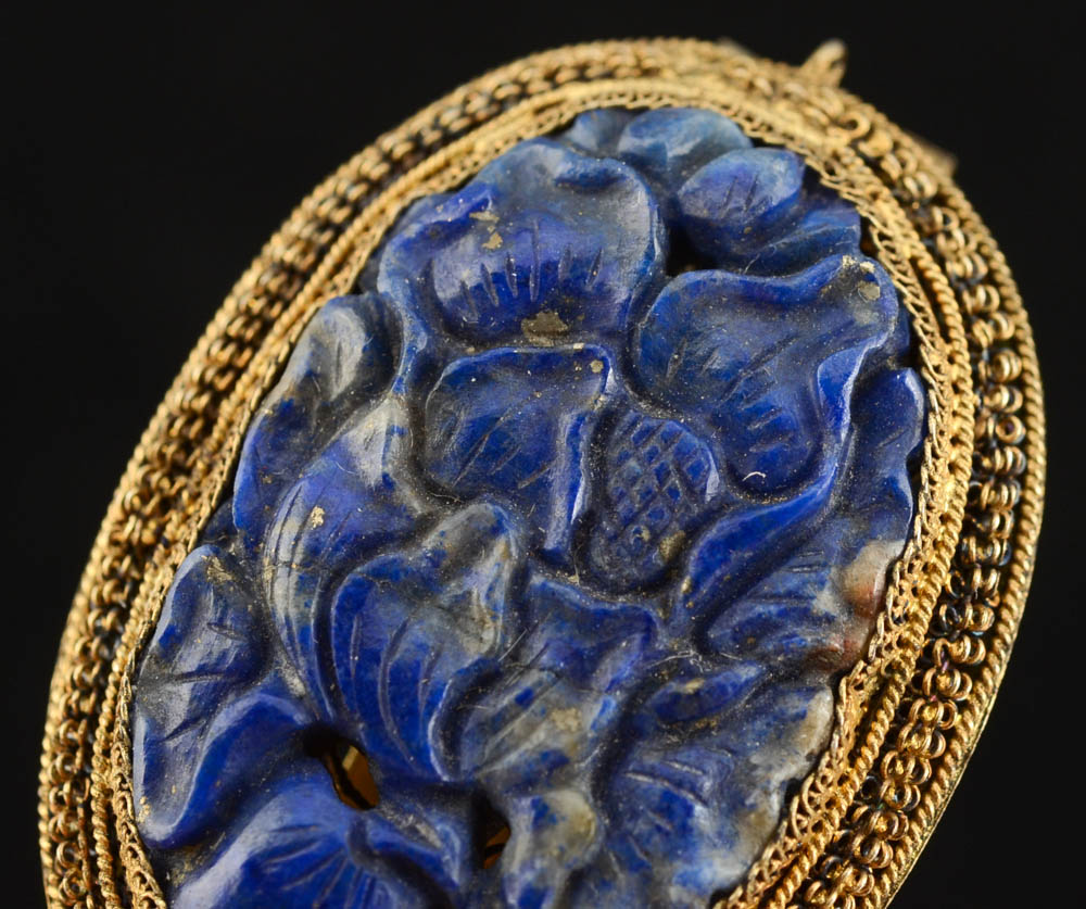 Two Early 20th Century Chinese Export Dress Clips with Lapis Lazuli Bezel Set Stones