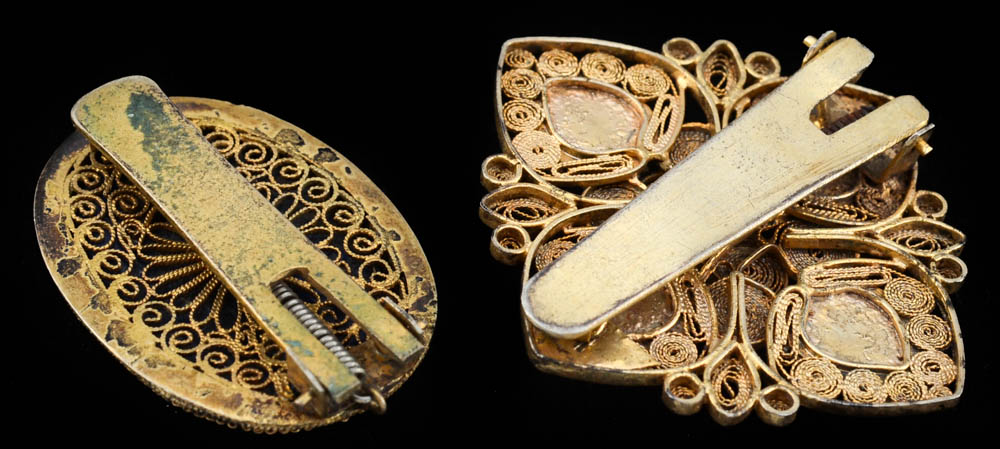 Two Early 20th Century Chinese Export Dress Clips with Lapis Lazuli Bezel Set Stones