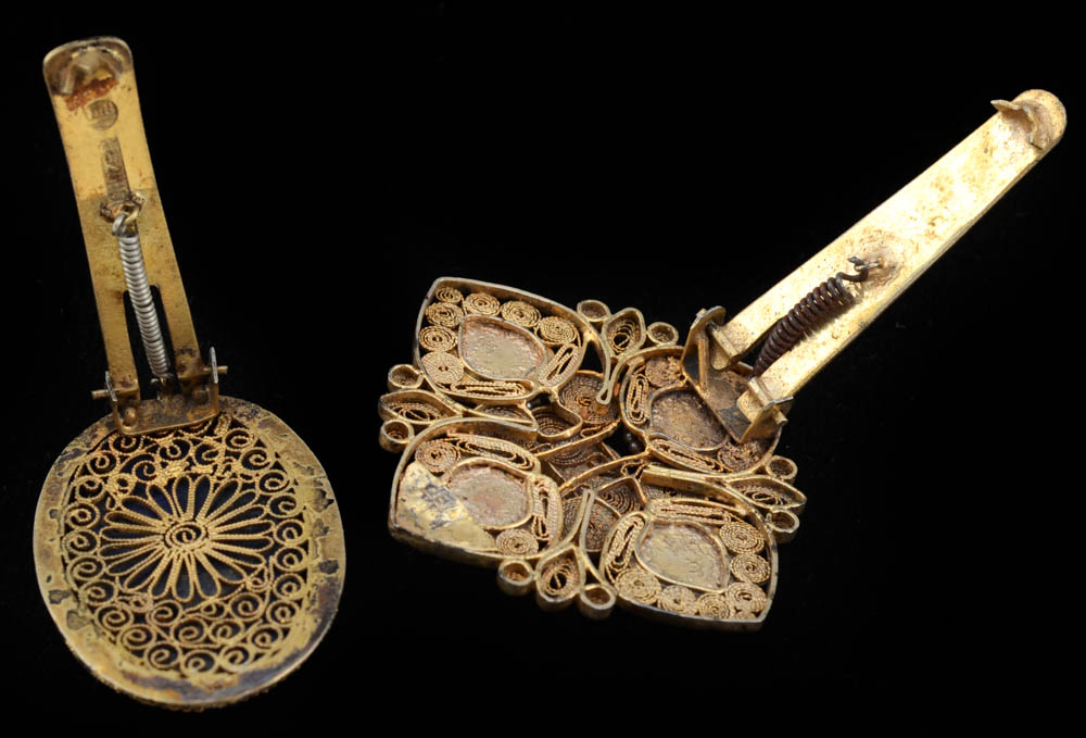 Two Early 20th Century Chinese Export Dress Clips with Lapis Lazuli Bezel Set Stones