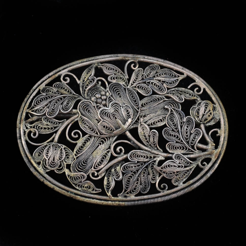Early 20th Century Chinese Export 870 Silver Filigree Openwork Peony Floral Pin