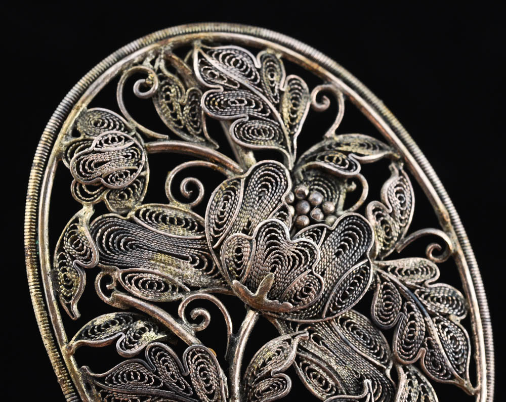 Early 20th Century Chinese Export 870 Silver Filigree Openwork Peony Floral Pin