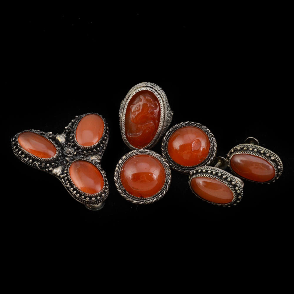 A Group of Early 20th Chinese Export Carnelian and Silver Filigree Jewelry