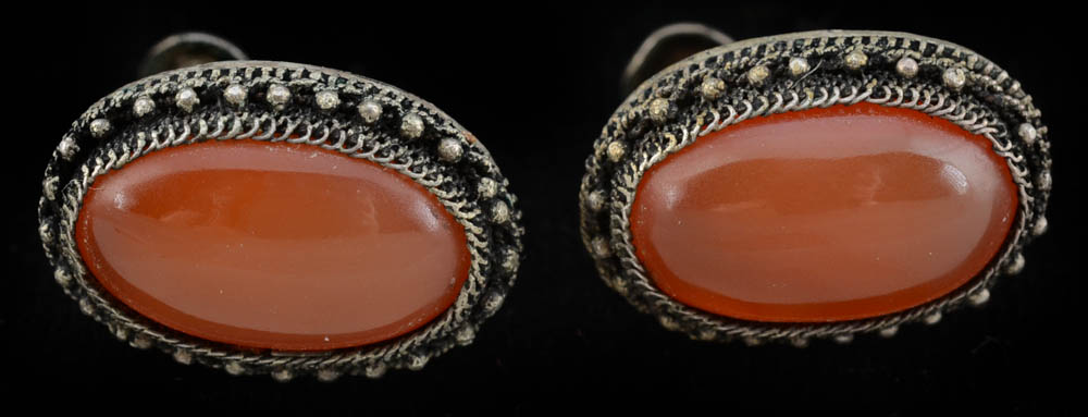 A Group of Early 20th Chinese Export Carnelian and Silver Filigree Jewelry