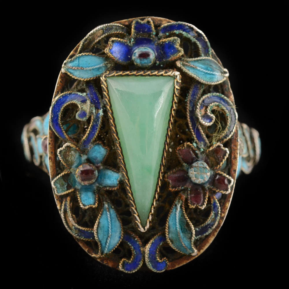 Early 20th Century Chinese Jade and Filigree Cloisonne Enamel Ring