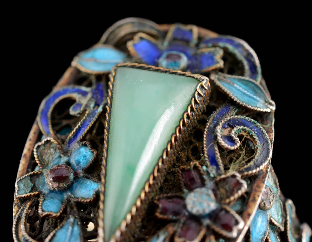 Early 20th Century Chinese Jade and Filigree Cloisonne Enamel Ring