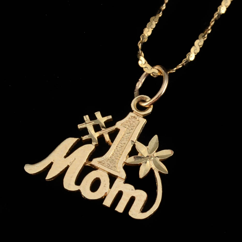 14K Yellow Gold 18" Chain with 14K "#1 Mom" Openwork Pendant