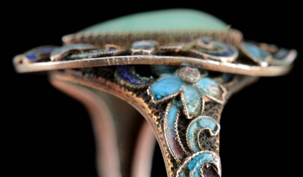 Early 20th Century Chinese Jade and Filigree Cloisonne Enamel Ring