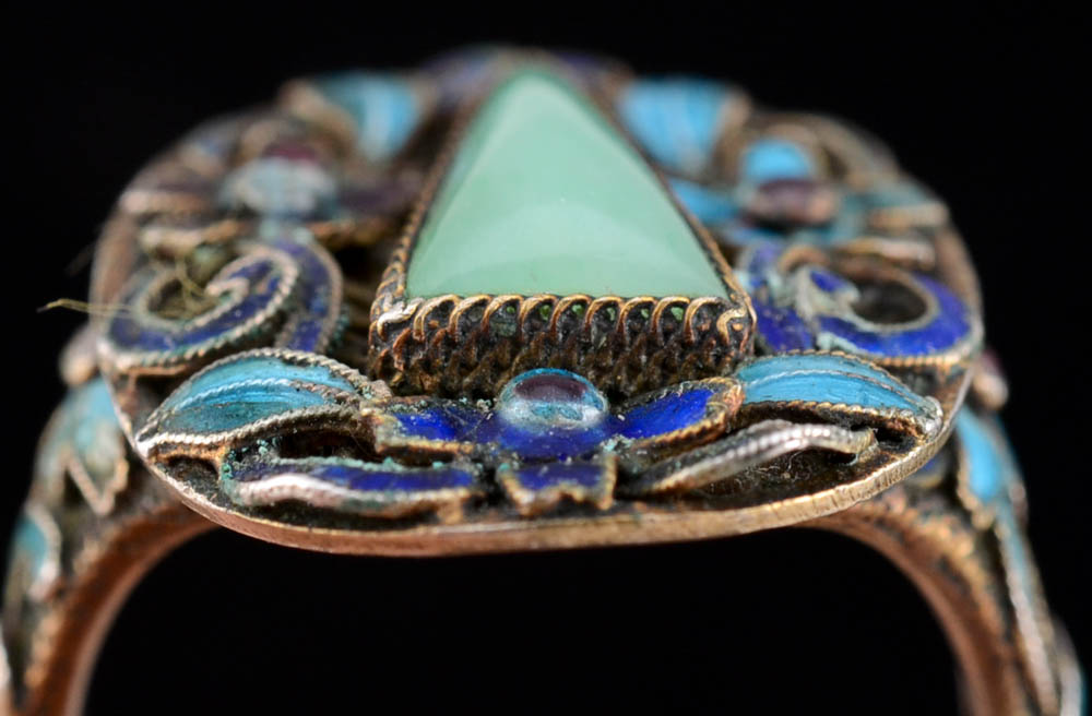 Early 20th Century Chinese Jade and Filigree Cloisonne Enamel Ring