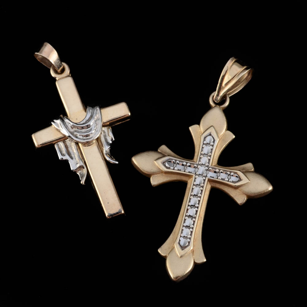 Two 14K Two Tone Gold Cross Pendants